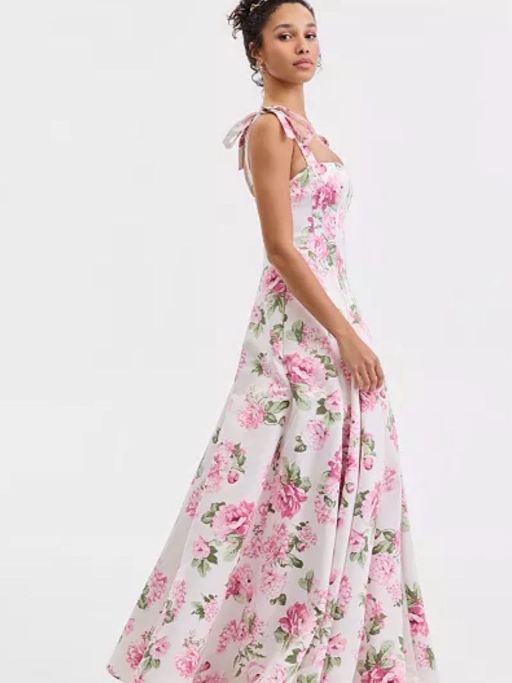 B Darlin White Maxi Dress with Pink Rose Print and Tie Shoulders - Picture 2 of 3